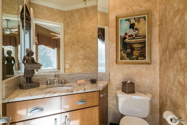 5441 Raven Point Rd, Spring Lake Twp, MN 55372 - bathroom with vanity, toilet, crown molding, and ceiling fan