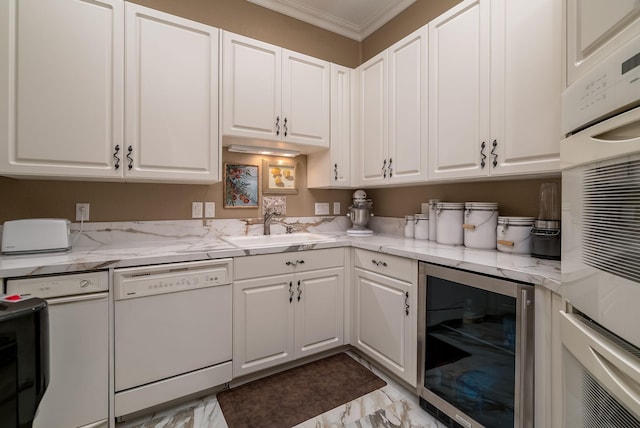 5441 Raven Point Rd, Spring Lake Twp, MN 55372 - kitchen featuring white appliances, beverage cooler, ornamental molding, a sink, and white cabinetry