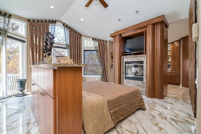 5441 Raven Point Rd, Spring Lake Twp, MN 55372 - bedroom featuring a multi sided fireplace, vaulted ceiling, recessed lighting, light marble finish floors, and ceiling fan