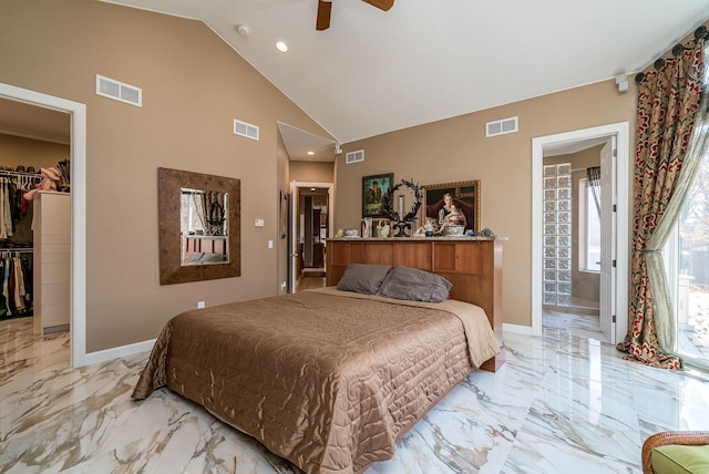 5441 Raven Point Rd, Spring Lake Twp, MN 55372 - bedroom featuring light marble finish floors, a walk in closet, baseboards, high vaulted ceiling, and recessed lighting