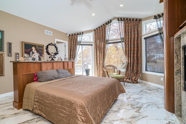 5441 Raven Point Rd, Spring Lake Twp, MN 55372 - bedroom featuring light marble finish flooring, baseboards, vaulted ceiling, recessed lighting, and a fireplace