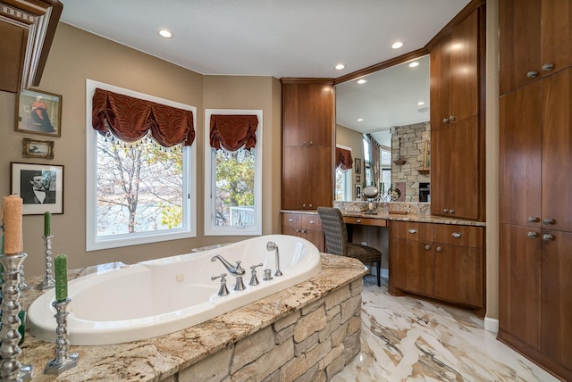 5441 Raven Point Rd, Spring Lake Twp, MN 55372 - full bathroom featuring vanity, a bath, marble tiled floors, and recessed lighting