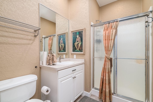 5441 Raven Point Rd, Spring Lake Twp, MN 55372 - bathroom featuring a textured wall, a shower stall, toilet, and vanity
