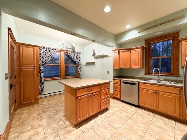 kitchen with pendant lighting, an inviting chandelier, sink, a baseboard heating unit, and dishwasher