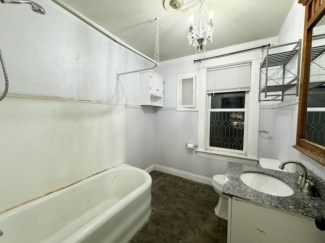 full bathroom featuring ornamental molding, vanity, bathtub / shower combination, tile patterned flooring, and toilet