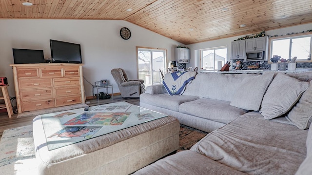 living room with lofted ceiling, wooden ceiling, and light wood-type flooring