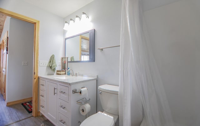 bathroom featuring vanity, wood-type flooring, and toilet