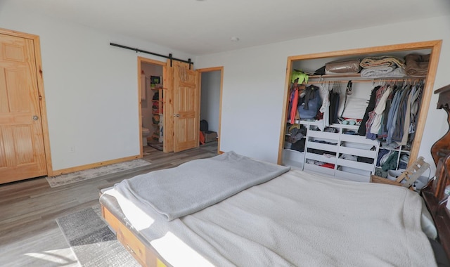 bedroom featuring a barn door, light hardwood / wood-style flooring, and a closet