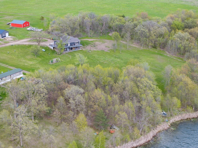 drone / aerial view with a rural view and a water view