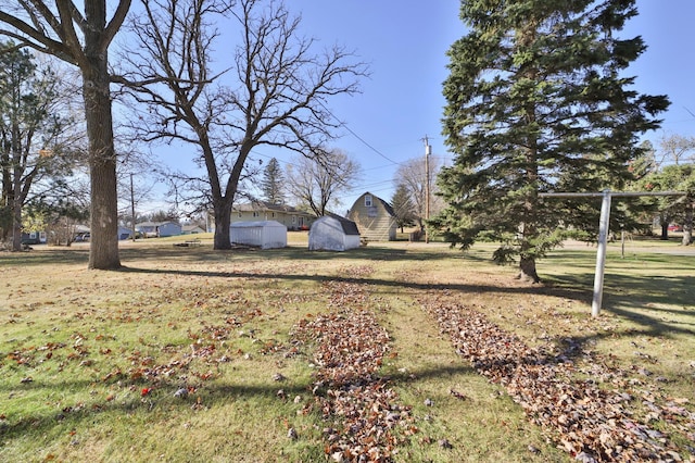 view of yard with a storage shed