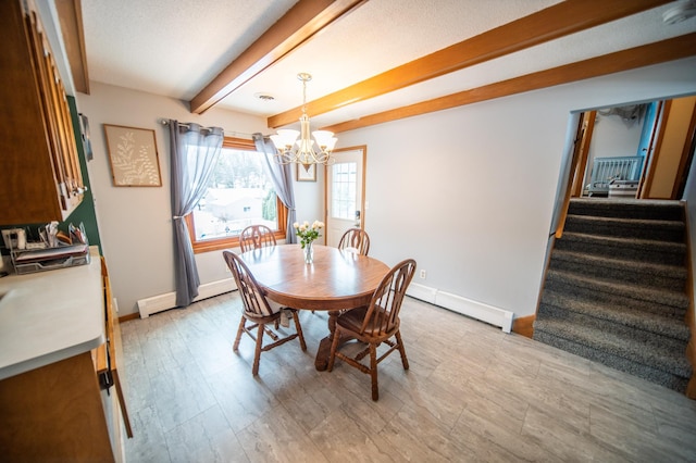 dining area featuring beam ceiling, a notable chandelier, a baseboard radiator, stairway, and baseboards