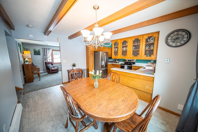 dining room with baseboard heating, wood finished floors, a chandelier, beamed ceiling, and baseboards