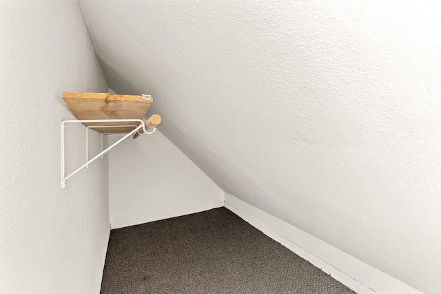 walk in closet featuring dark carpet and vaulted ceiling