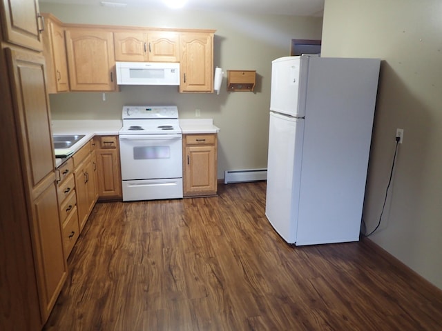 kitchen with dark wood-type flooring, light brown cabinetry, white appliances, and a baseboard radiator