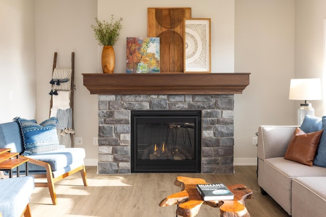 living room with a stone fireplace and wood-type flooring