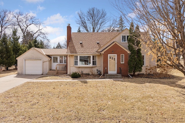 view of front of home featuring roof with shingles, concrete driveway, a garage, brick siding, and a chimney