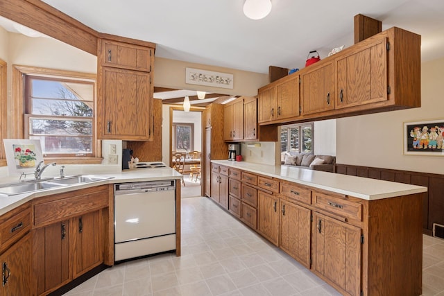 kitchen with a wealth of natural light, a sink, light countertops, and white dishwasher