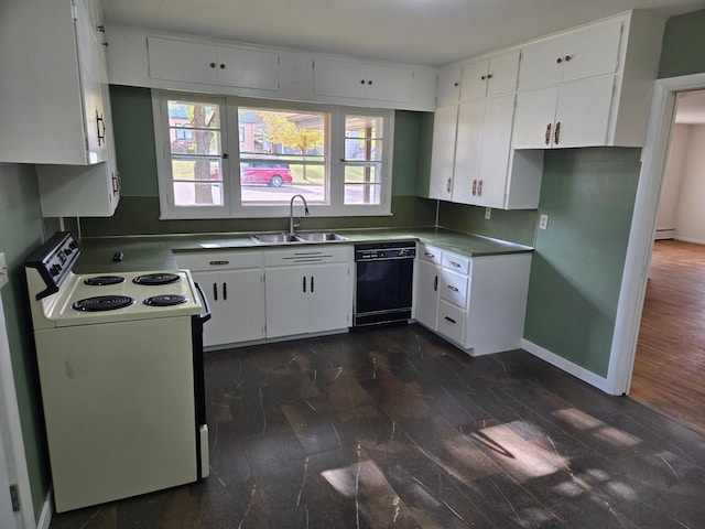 kitchen featuring white cabinets, dark hardwood / wood-style floors, white range, and dishwasher