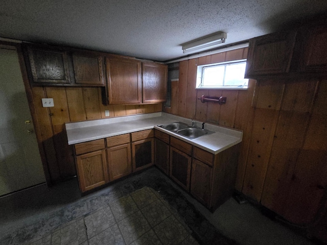 kitchen featuring wood walls, sink, and a textured ceiling