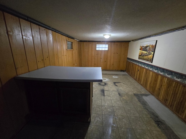 basement with wooden walls and a textured ceiling