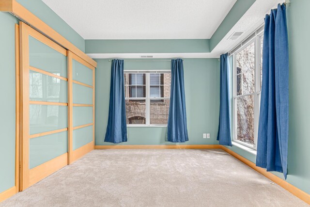 empty room featuring a wealth of natural light, a textured ceiling, and carpet floors