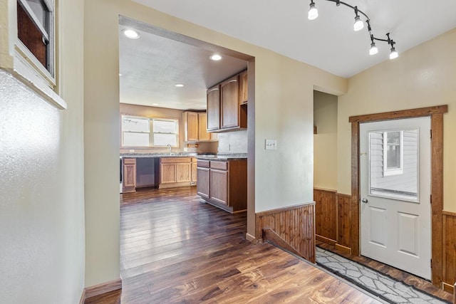 kitchen with wood walls, dark wood-type flooring, sink, and dishwasher