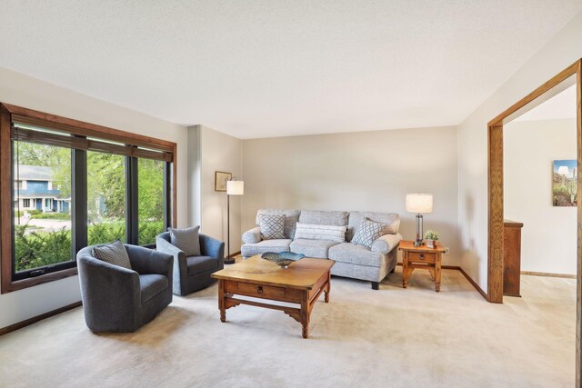 living area with light colored carpet and baseboards