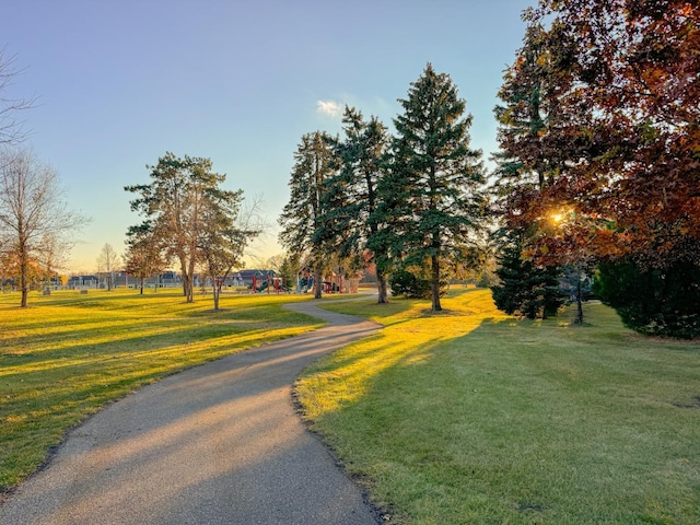 view of property's community featuring a lawn