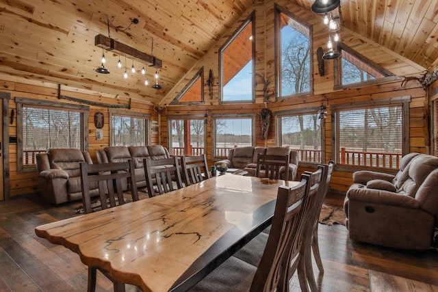 dining space with high vaulted ceiling, wood walls, and dark hardwood / wood-style floors