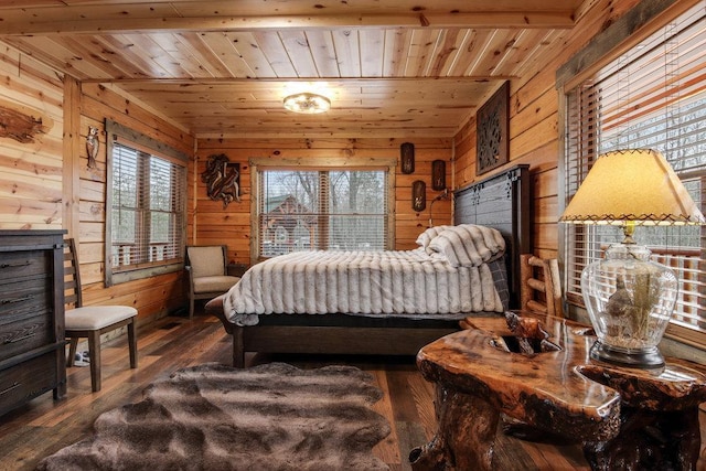 bedroom with wood walls, wooden ceiling, and dark hardwood / wood-style floors