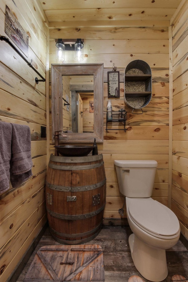 bathroom with vanity, toilet, and wooden walls