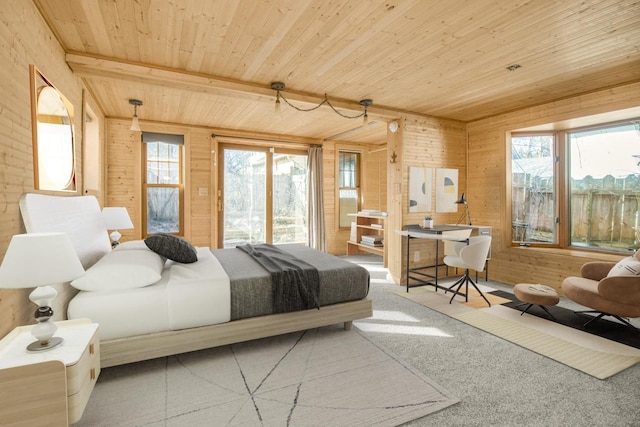 carpeted bedroom featuring wooden ceiling and wood walls