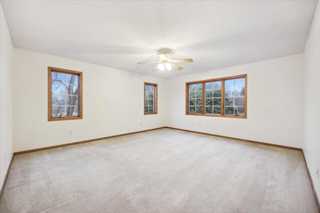 carpeted empty room with a textured ceiling, a wealth of natural light, and ceiling fan