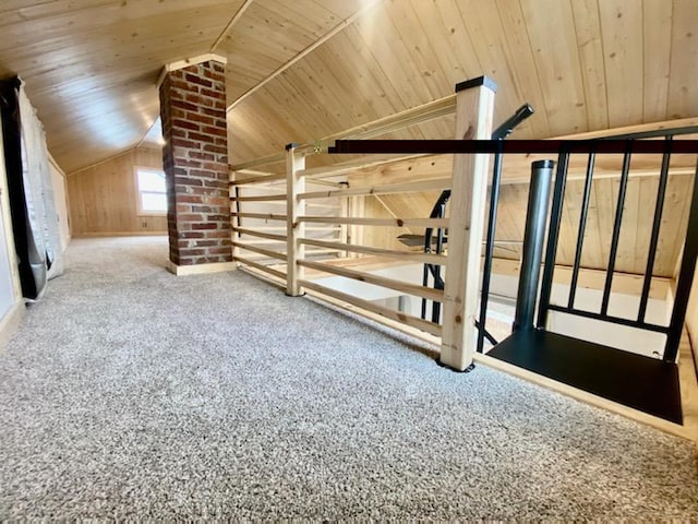 additional living space with carpet, vaulted ceiling, and wooden ceiling