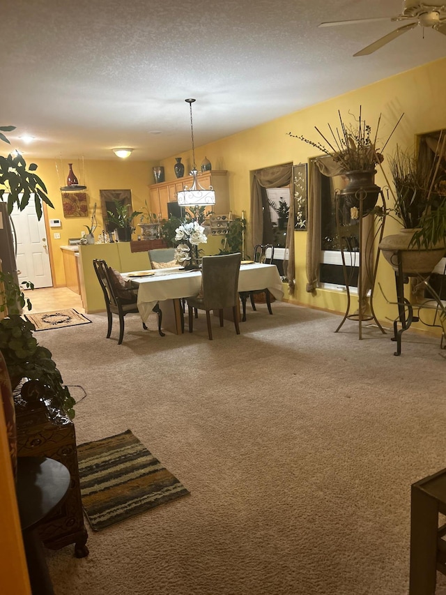 dining space featuring ceiling fan, a textured ceiling, and carpet floors