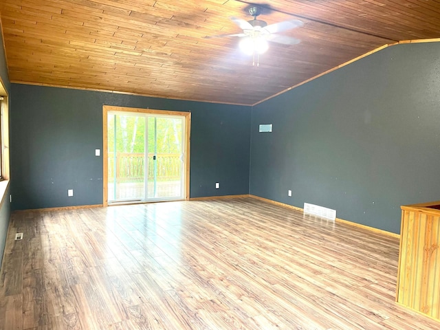 12303 71st Ave SW, Motley, MN 56466 - unfurnished room with wood ceiling, lofted ceiling, ceiling fan, wood finished floors, and baseboards