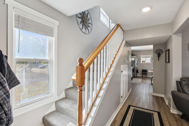 stairway with a wealth of natural light and hardwood / wood-style flooring