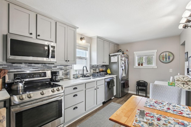 kitchen featuring a wealth of natural light, gray cabinetry, sink, and appliances with stainless steel finishes