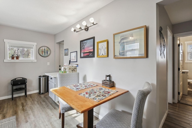 dining space with hardwood / wood-style flooring