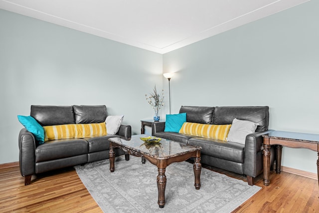 living room featuring hardwood / wood-style flooring and crown molding