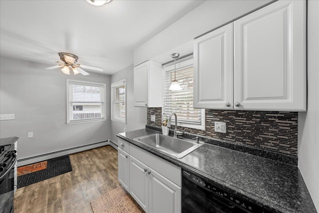 kitchen with dark wood-type flooring, white cabinets, hanging light fixtures, black dishwasher, and a baseboard radiator