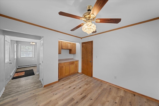 unfurnished living room featuring ceiling fan, light hardwood / wood-style flooring, a baseboard radiator, and ornamental molding