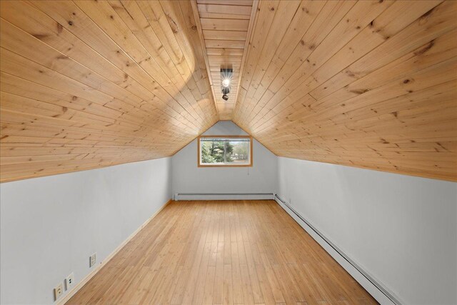 additional living space with vaulted ceiling, wooden ceiling, a baseboard radiator, and light hardwood / wood-style flooring