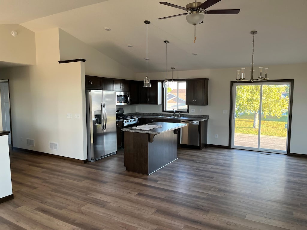 kitchen with a wealth of natural light, a kitchen island, dark hardwood / wood-style flooring, and appliances with stainless steel finishes