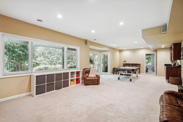 game room featuring baseboards, recessed lighting, visible vents, and light colored carpet