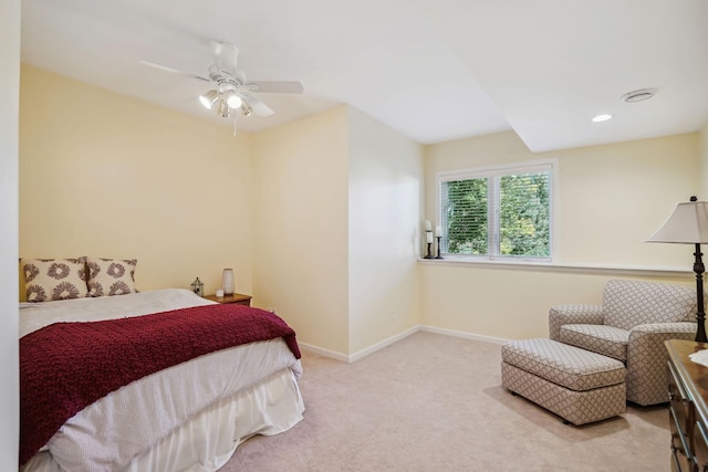 carpeted bedroom featuring a ceiling fan, recessed lighting, and baseboards