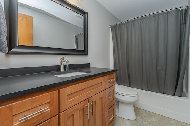 full bathroom with toilet, vanity, shower / bath combination with curtain, and tile patterned flooring