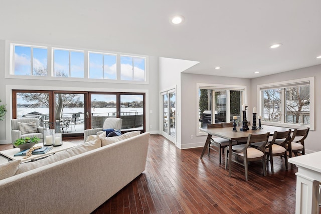 living room with a wealth of natural light and dark hardwood / wood-style flooring