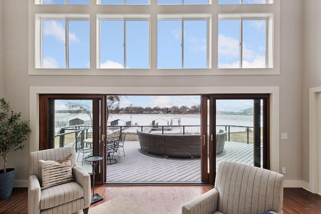 doorway with a water view, wood-type flooring, and a high ceiling