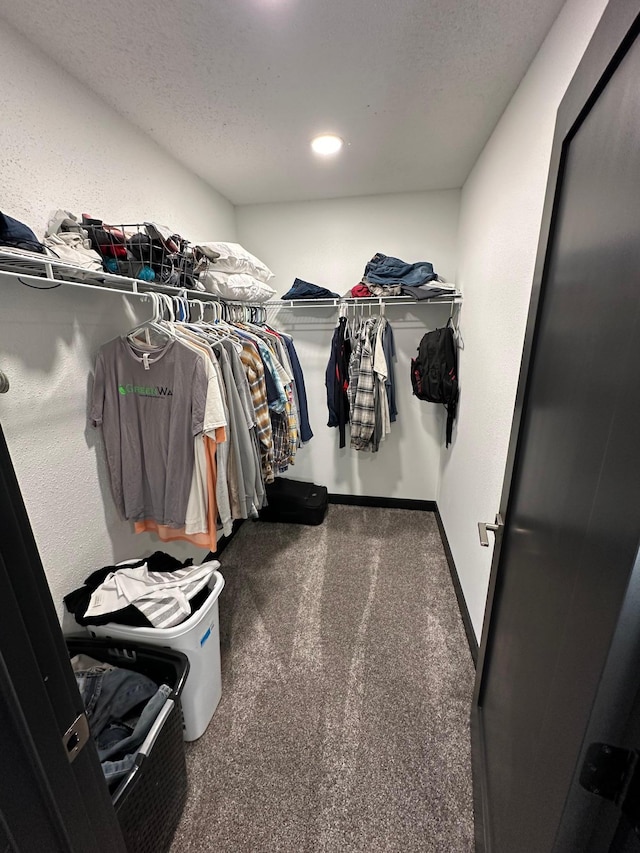 spacious closet featuring dark colored carpet